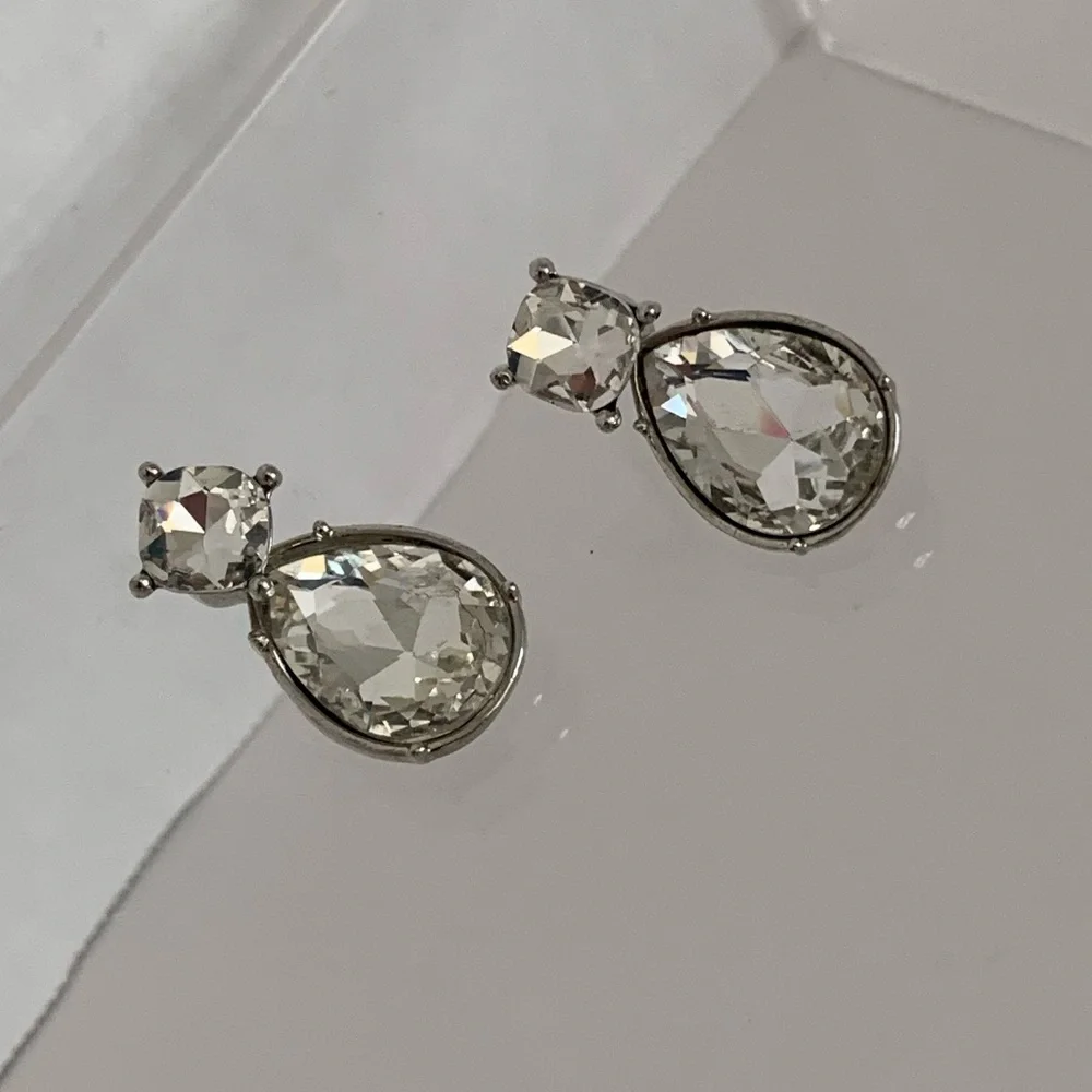Clear Jewel Rhinestone Teardrop Earrings with Stud Silver Toned Hardware